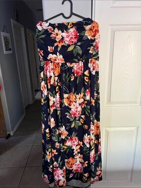 Vibe Navy Strapless Maxi Dress with Pink & Orange Floral Print